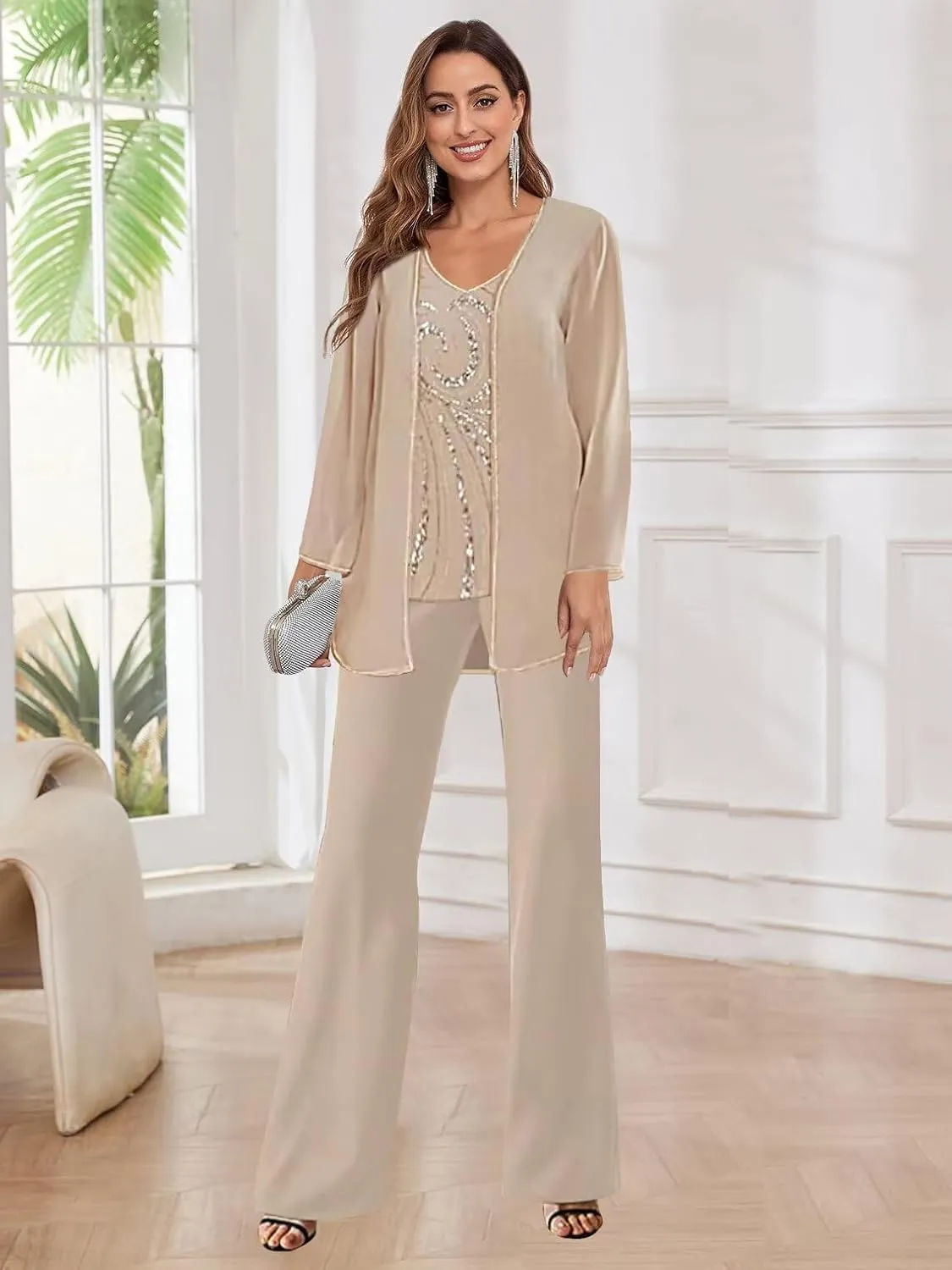 3 Piece Mother of The Bride Pant Suits for Wedding Chiffon Sequins Formal Outfits with Jacket