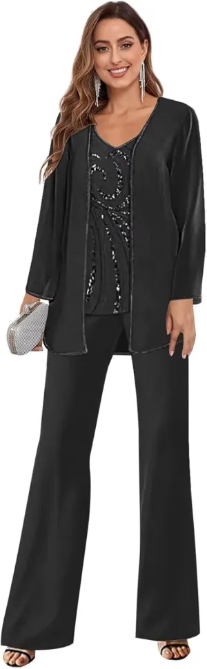 3 Piece Mother of The Bride Pant Suits for Wedding Chiffon Sequins Formal Outfits with Jacket