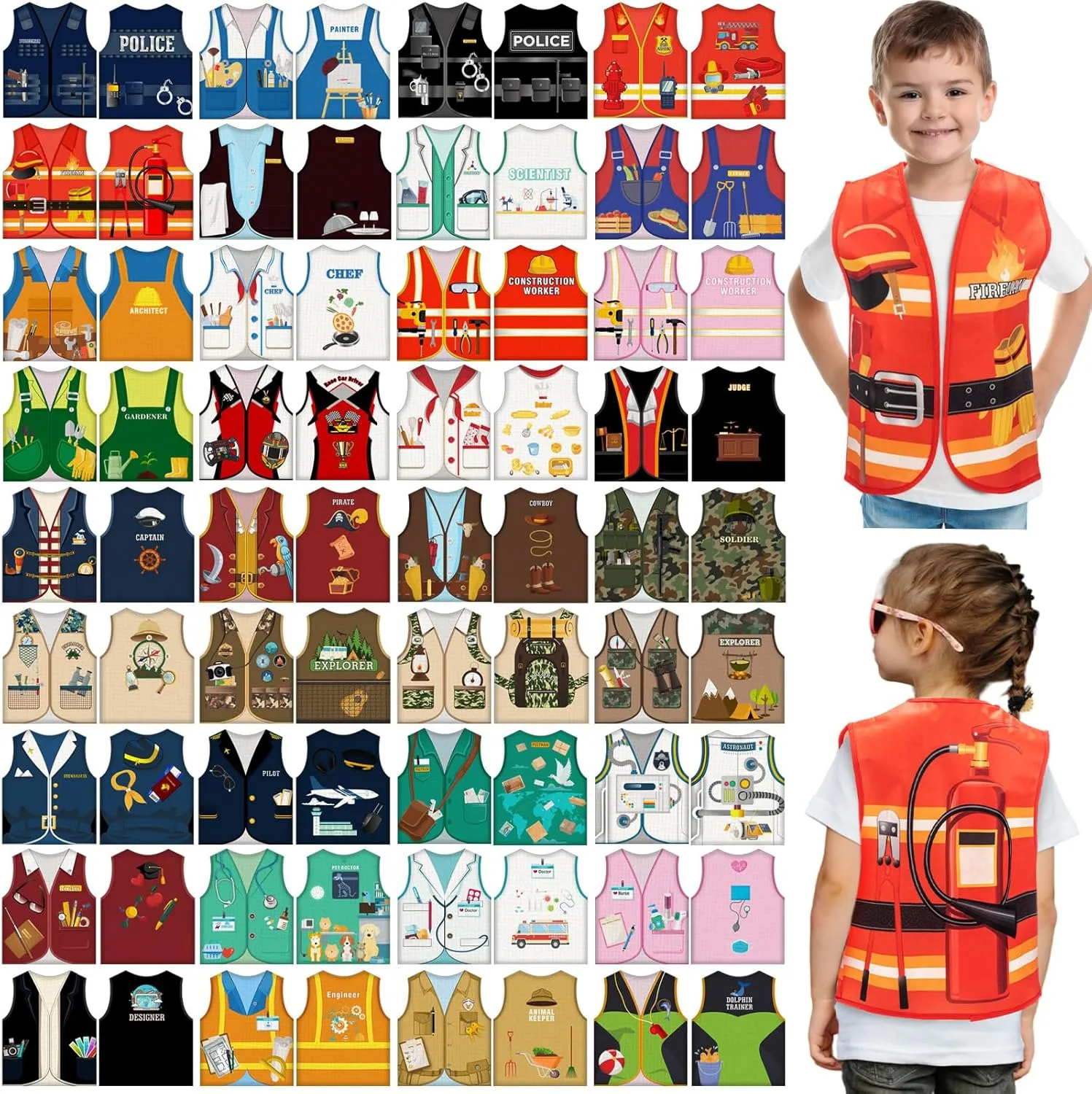 36 Pcs Kids Community Helper Dress Up Vest Career Costumes Toddler Girls Boys Career Day Costumes Cosplay for Pretend Play Doctor Police Fireman Car Racer Cowboy Farmers Worker
