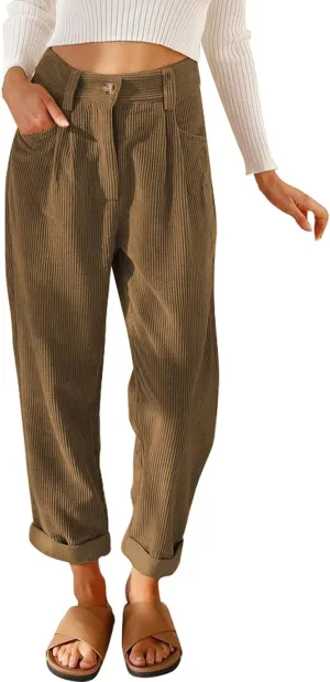 Acelitt Womens Elastic Waist Straight Leg Corduroy Pants with Pockets, S-2XL