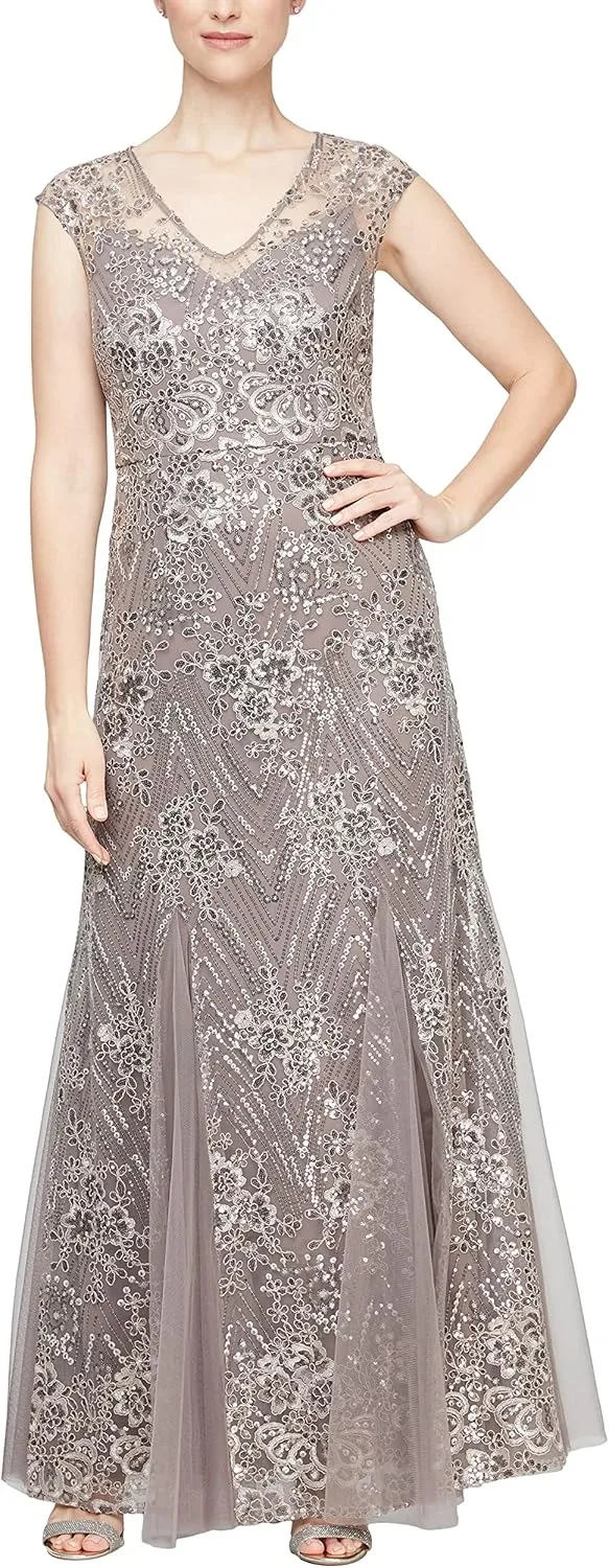 Alex Evenings Women's Long Fit and Flare Mother of The Bride Dress with Godet Detail (Petite and Regular Sizes)