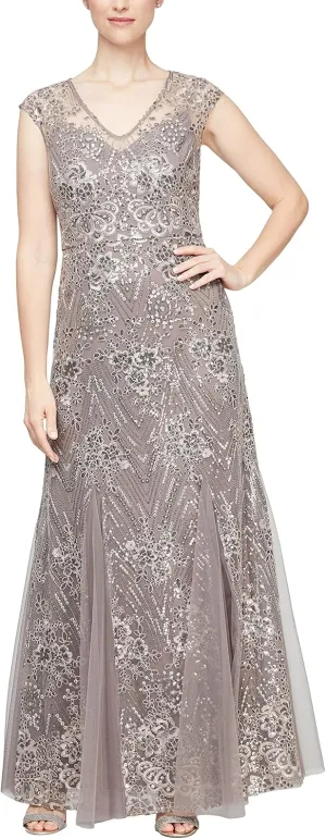 Alex Evenings Women's Long Fit and Flare Mother of The Bride Dress with Godet Detail (Petite and Regular Sizes)
