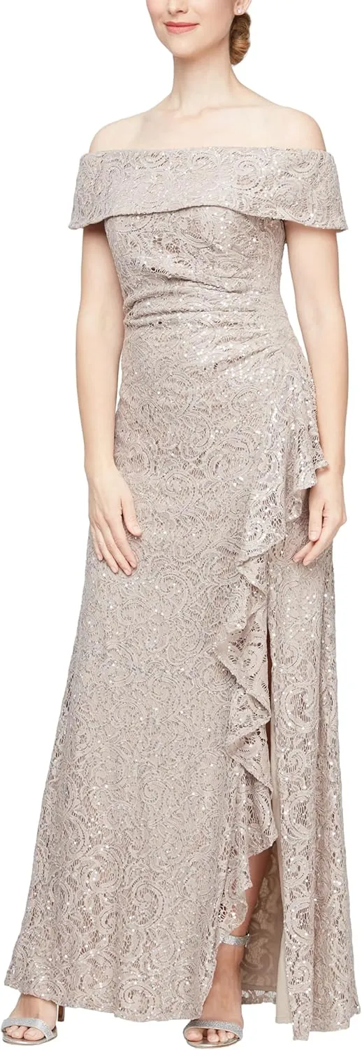 Alex Evenings Women's Long Foldover Off The Shoulder Gown, Formal Event, Mother of The Bride Dress