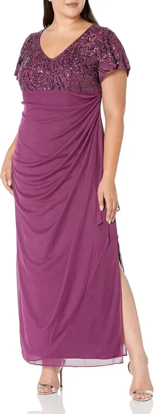 Alex Evenings Women's Long Stretch Sequin Bodice Mother of The Bride Dress with Empire Waist (Plus Size)