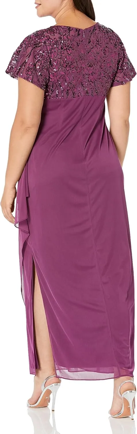 Alex Evenings Women's Long Stretch Sequin Bodice Mother of The Bride Dress with Empire Waist (Plus Size)
