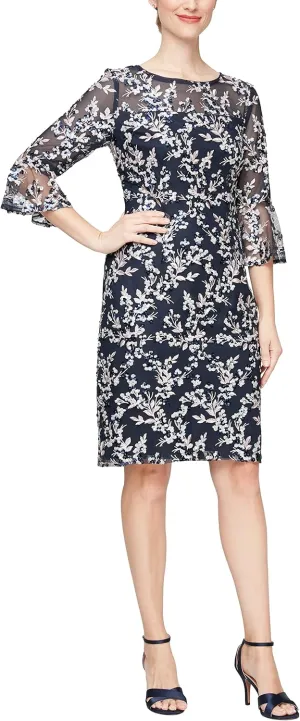 Alex Evenings Women's Short Shift Cocktail Gown with Bell Sleeves, Formal Events, Wedding Guest Dress