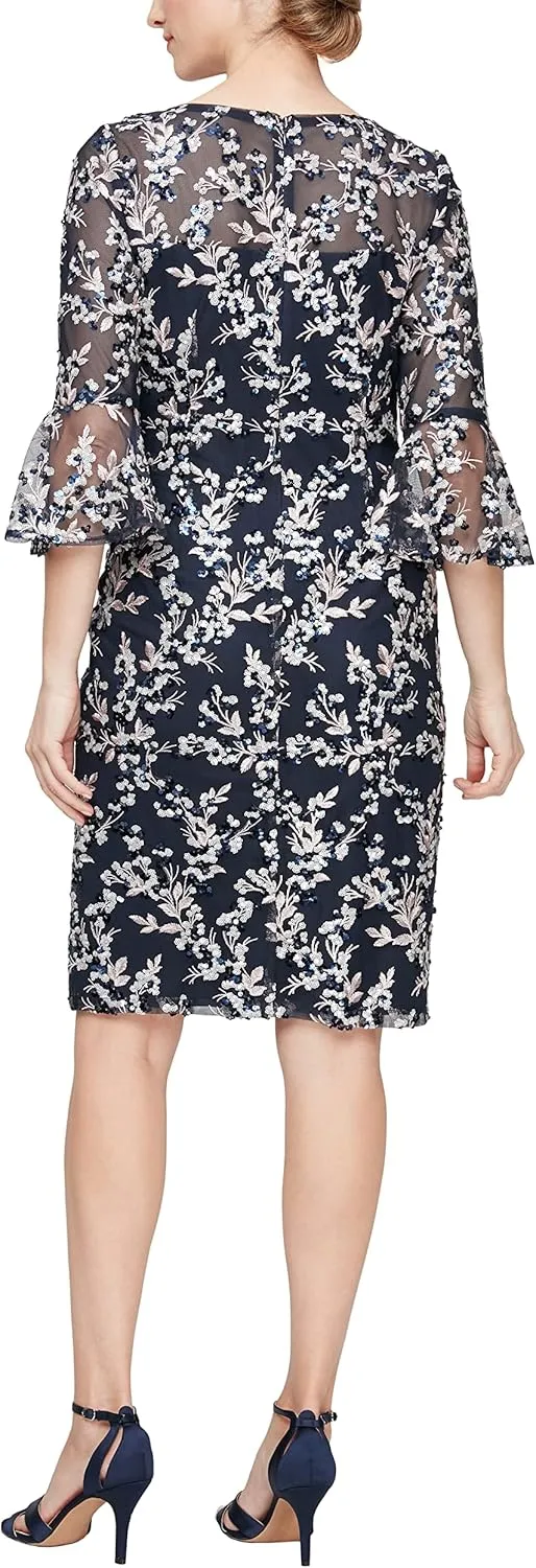 Alex Evenings Women's Short Shift Cocktail Gown with Bell Sleeves, Formal Events, Wedding Guest Dress