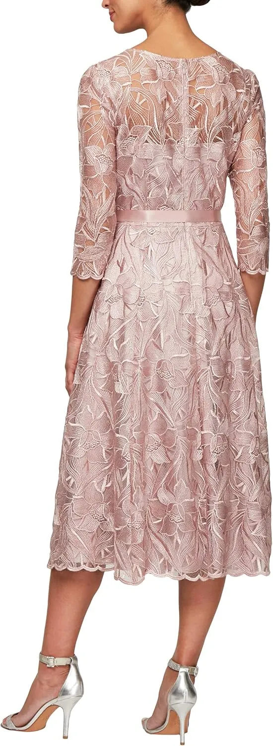 Alex Evenings Women's Tea Length Embroidered Cocktail Dress with Illusion Sleeves, Wedding Guest (Petite and Regular Sizes)