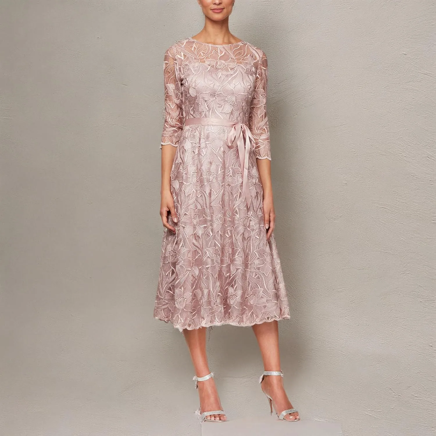 Alex Evenings Women's Tea Length Embroidered Cocktail Dress with Illusion Sleeves, Wedding Guest (Petite and Regular Sizes)