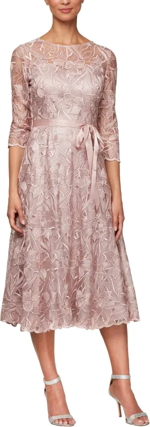 Alex Evenings Women's Tea Length Embroidered Cocktail Dress with Illusion Sleeves, Wedding Guest (Petite and Regular Sizes)