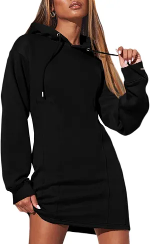 AlvaQ Womens Dresses Fall Winter 2024 Casual Long Sleeve Drawstring Pleated Hoodies Sweatshirt Pullover Tunic Mini Dress