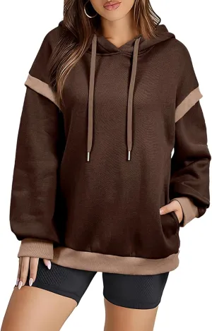 AlvaQ Womens Oversized Sweatshirt 2024 Colorblock Long Sleeve Layered Drawstring Hoodies Pullover Top with Pockets