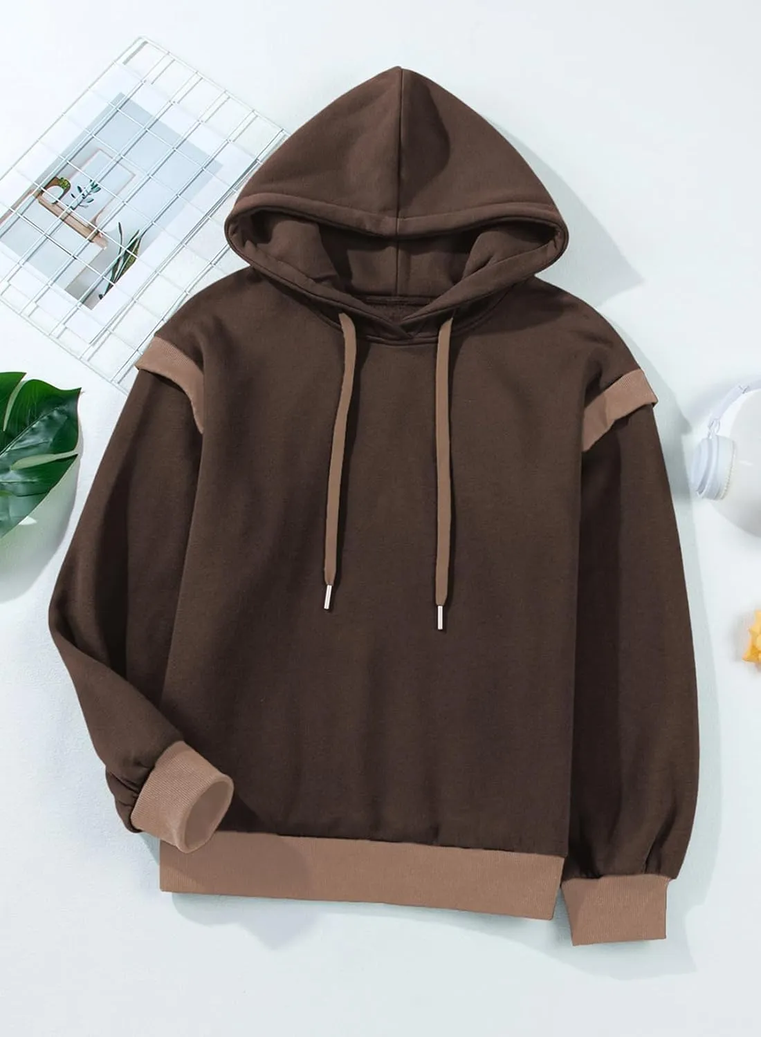 AlvaQ Womens Oversized Sweatshirt 2024 Colorblock Long Sleeve Layered Drawstring Hoodies Pullover Top with Pockets