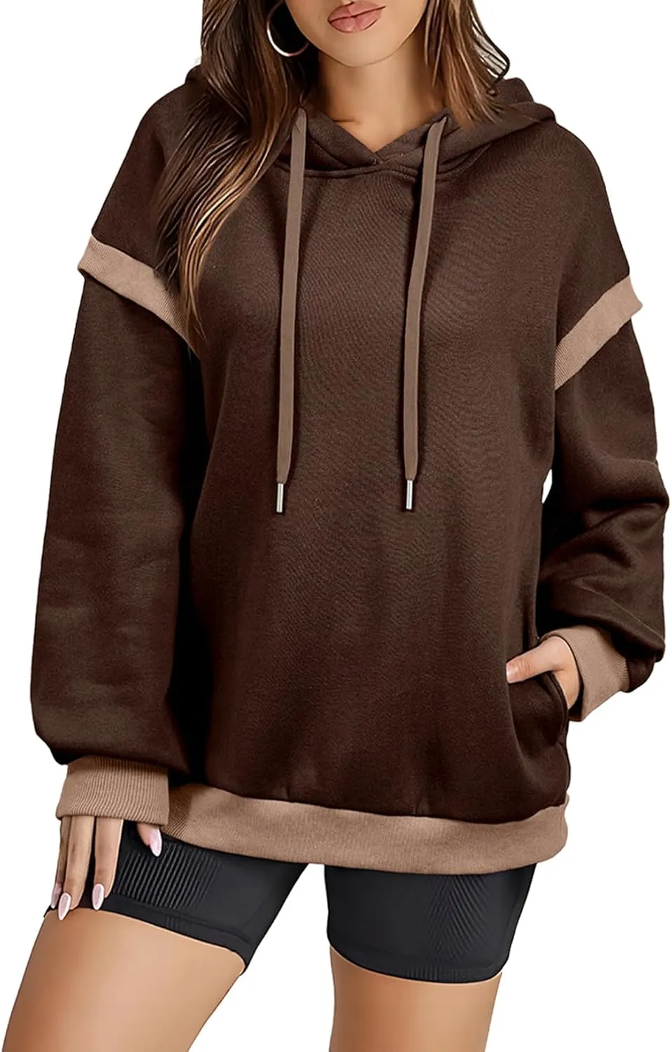 AlvaQ Womens Oversized Sweatshirt 2024 Colorblock Long Sleeve Layered Drawstring Hoodies Pullover Top with Pockets