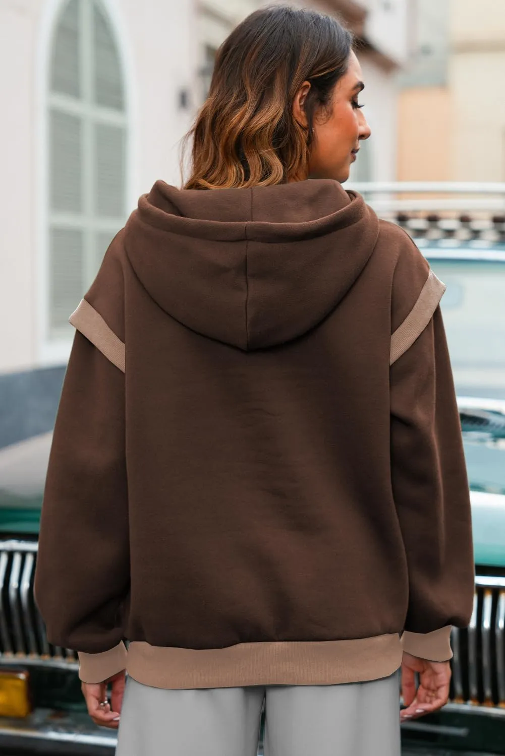 AlvaQ Womens Oversized Sweatshirt 2024 Colorblock Long Sleeve Layered Drawstring Hoodies Pullover Top with Pockets