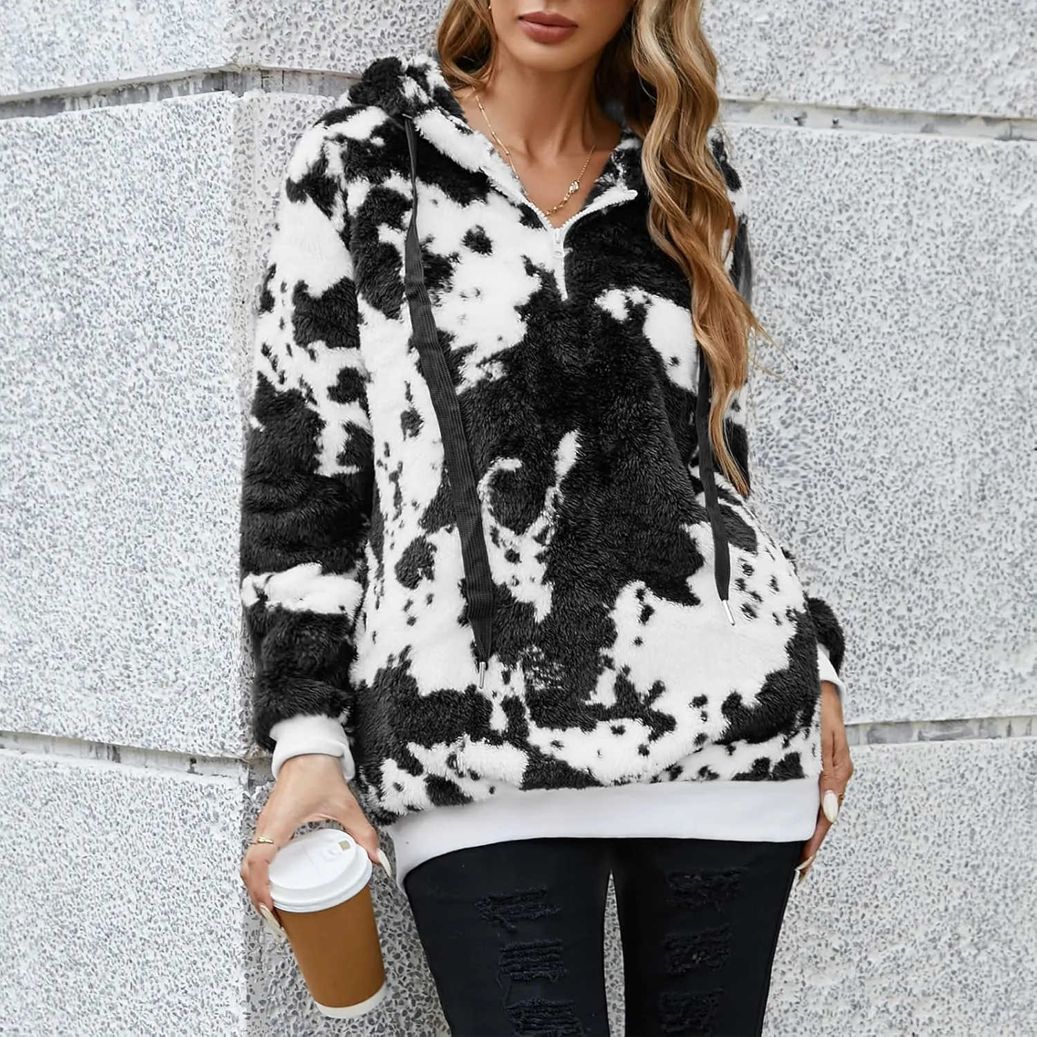 American Trends Cow Hoodie for Women Cow Print Oversized Zip Collar Sherpa Sweatshirt Plus Size Fuzzy Pullover with Pockets