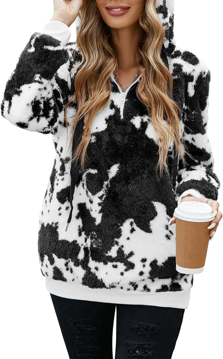 American Trends Cow Hoodie for Women Cow Print Oversized Zip Collar Sherpa Sweatshirt Plus Size Fuzzy Pullover with Pockets