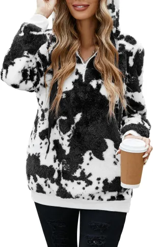 American Trends Cow Hoodie for Women Cow Print Oversized Zip Collar Sherpa Sweatshirt Plus Size Fuzzy Pullover with Pockets