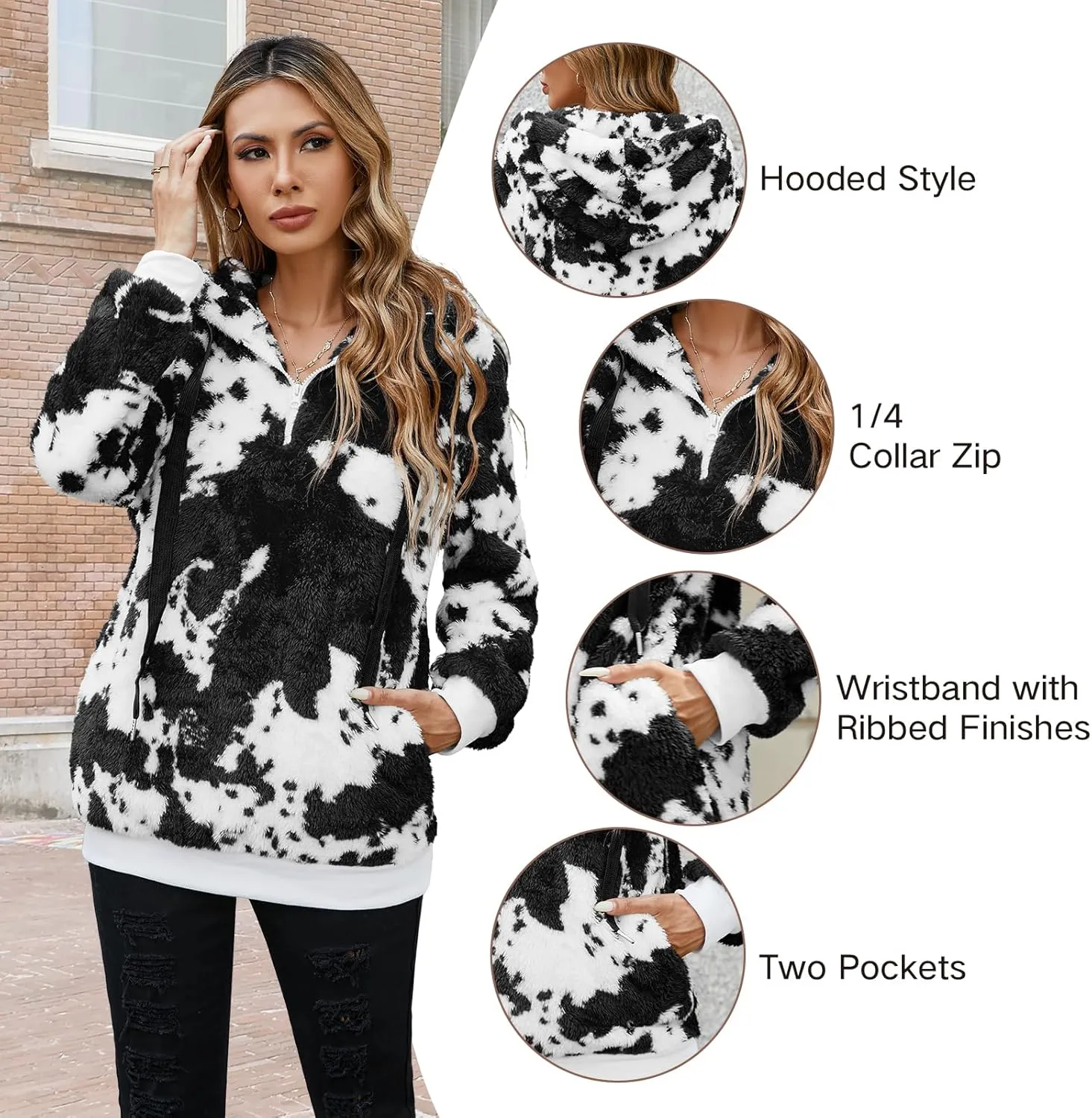 American Trends Cow Hoodie for Women Cow Print Oversized Zip Collar Sherpa Sweatshirt Plus Size Fuzzy Pullover with Pockets