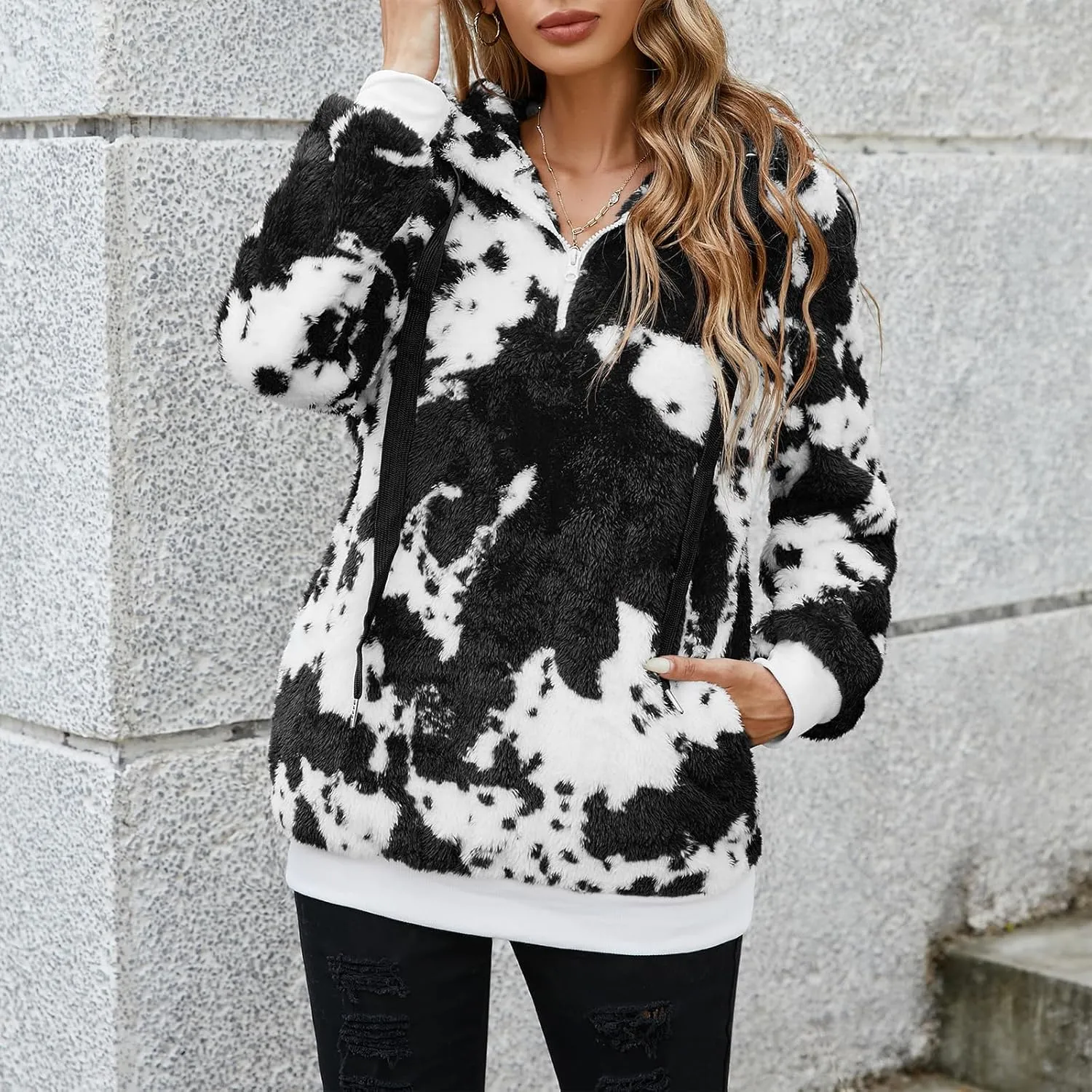 American Trends Cow Hoodie for Women Cow Print Oversized Zip Collar Sherpa Sweatshirt Plus Size Fuzzy Pullover with Pockets