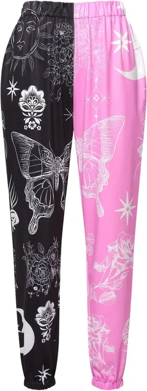Amuver Women's Boho Hippie Harem Pants High Smocked Waist Printed Patchwork Sweatpants Yoga 90S Goth Baggy Casual Trousers