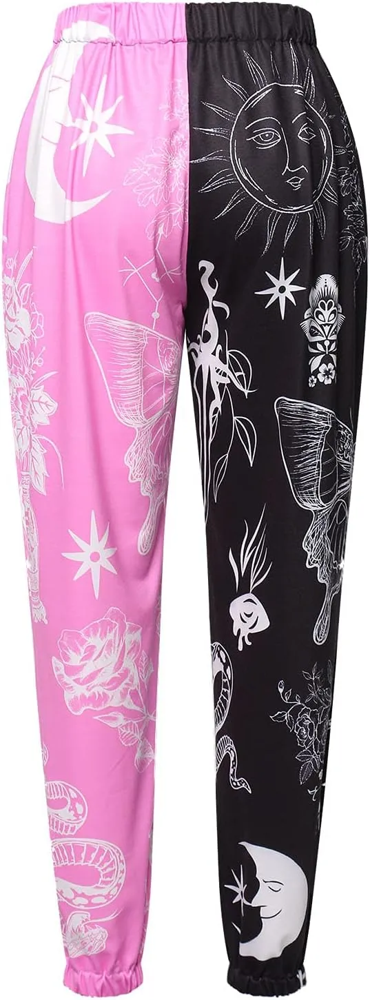 Amuver Women's Boho Hippie Harem Pants High Smocked Waist Printed Patchwork Sweatpants Yoga 90S Goth Baggy Casual Trousers