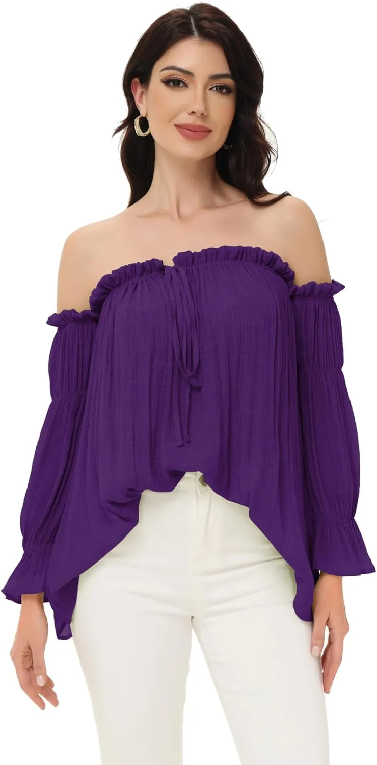Anna-Kaci Womens Semi Sheer Boho Peasant Long Sleeve Off The Shoulder Top
