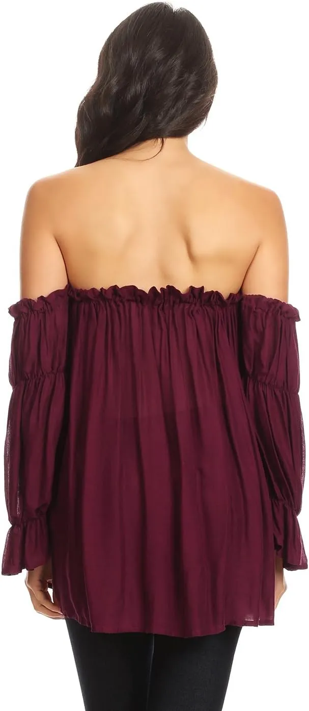 Anna-Kaci Womens Semi Sheer Boho Peasant Long Sleeve Off The Shoulder Top
