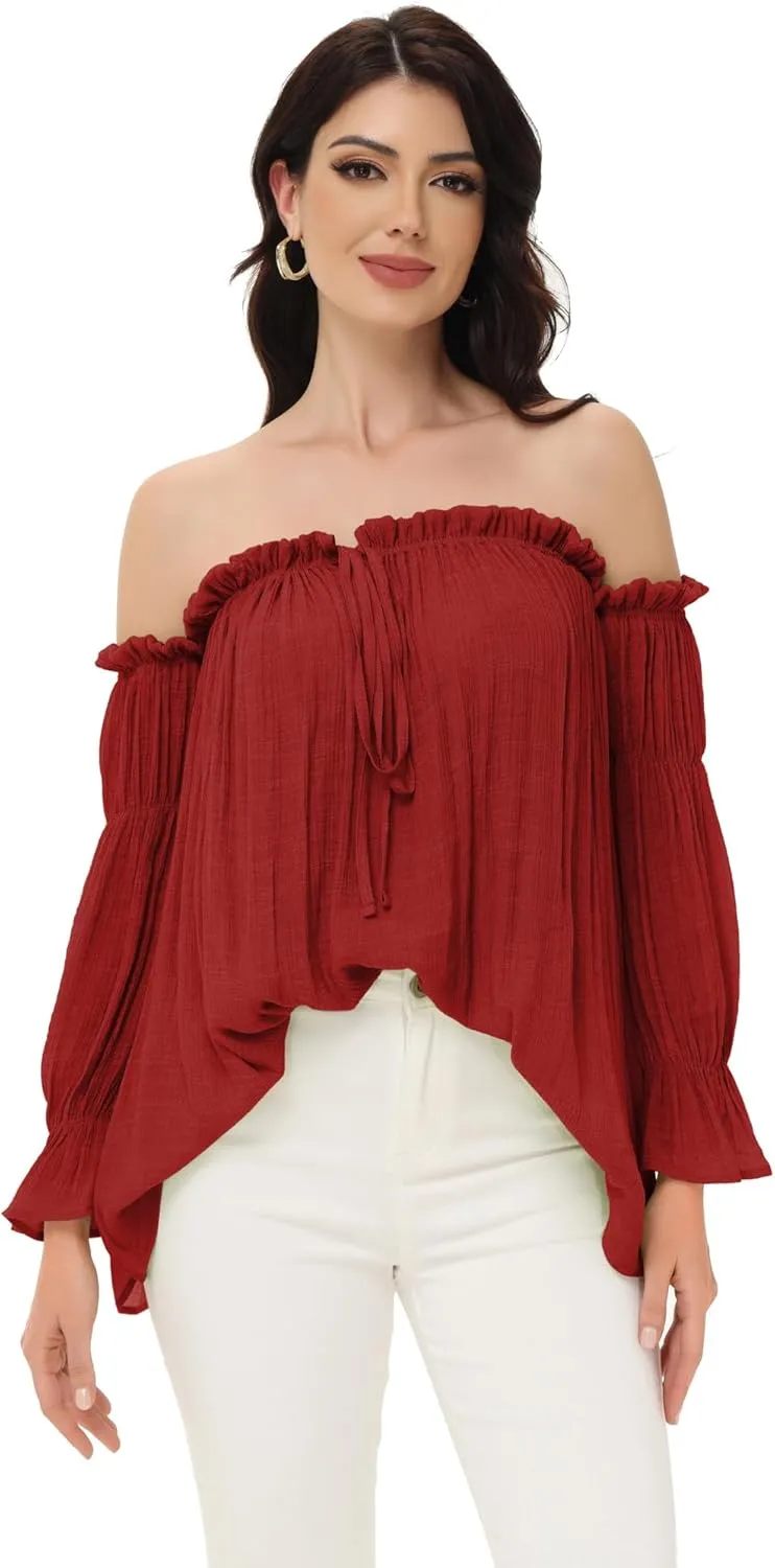 Anna-Kaci Womens Semi Sheer Boho Peasant Long Sleeve Off The Shoulder Top