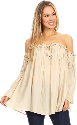 Anna-Kaci Womens Semi Sheer Boho Peasant Long Sleeve Off The Shoulder Top