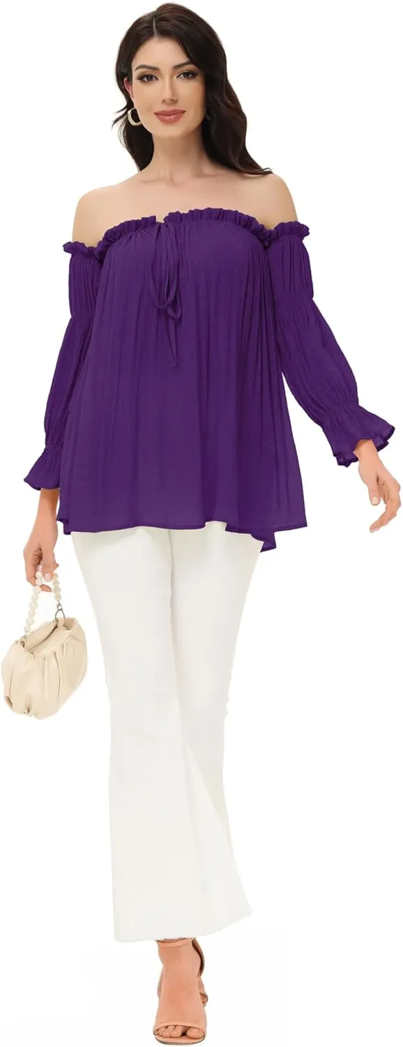 Anna-Kaci Womens Semi Sheer Boho Peasant Long Sleeve Off The Shoulder Top