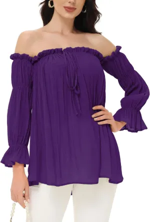 Anna-Kaci Womens Semi Sheer Boho Peasant Long Sleeve Off The Shoulder Top