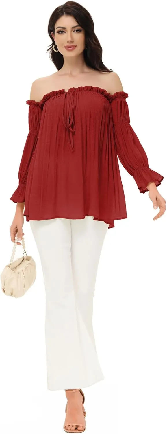 Anna-Kaci Womens Semi Sheer Boho Peasant Long Sleeve Off The Shoulder Top