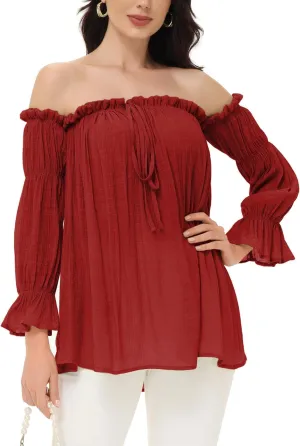 Anna-Kaci Womens Semi Sheer Boho Peasant Long Sleeve Off The Shoulder Top