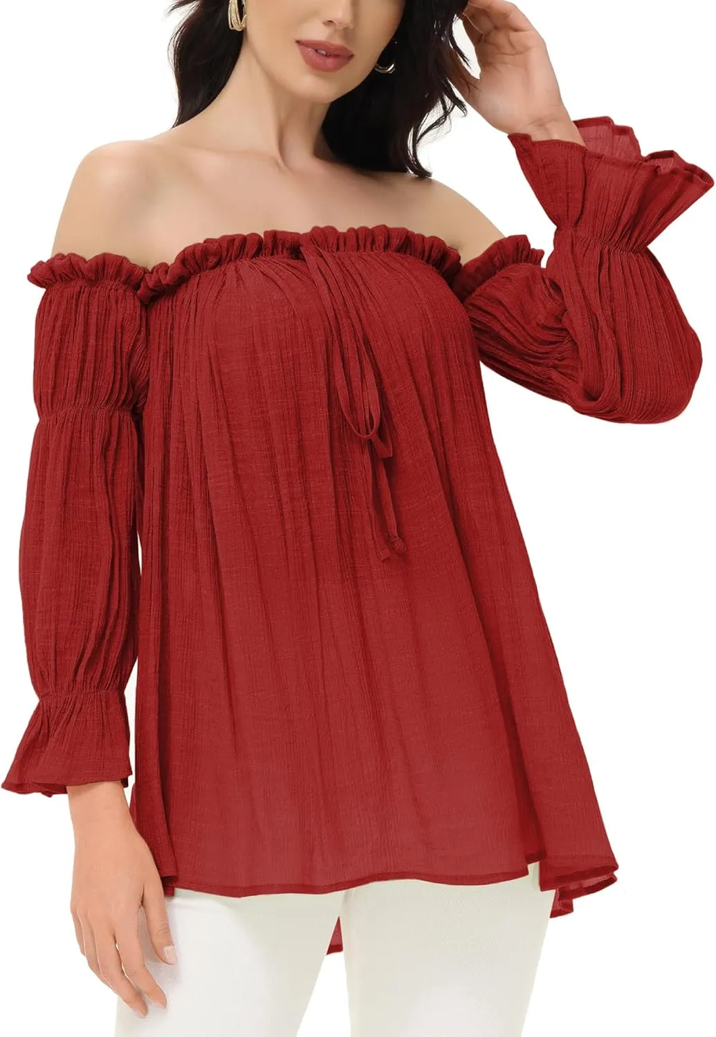 Anna-Kaci Womens Semi Sheer Boho Peasant Long Sleeve Off The Shoulder Top