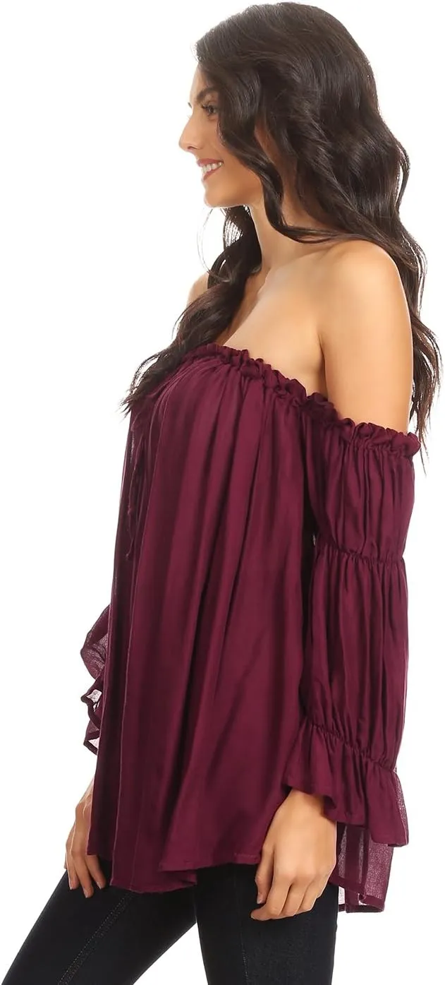 Anna-Kaci Womens Semi Sheer Boho Peasant Long Sleeve Off The Shoulder Top