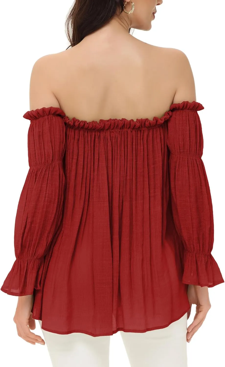 Anna-Kaci Womens Semi Sheer Boho Peasant Long Sleeve Off The Shoulder Top