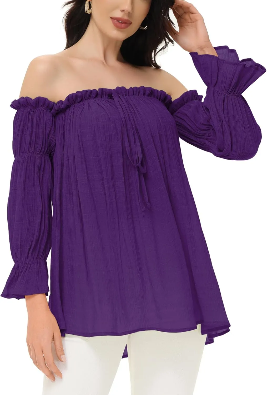 Anna-Kaci Womens Semi Sheer Boho Peasant Long Sleeve Off The Shoulder Top