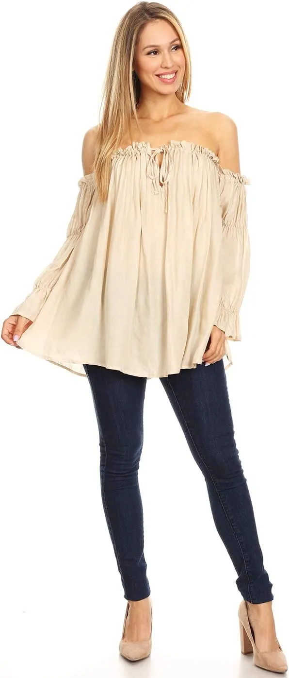 Anna-Kaci Womens Semi Sheer Boho Peasant Long Sleeve Off The Shoulder Top