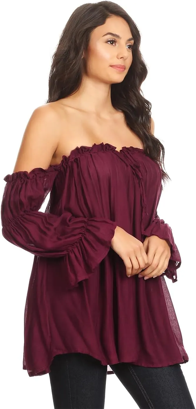 Anna-Kaci Womens Semi Sheer Boho Peasant Long Sleeve Off The Shoulder Top