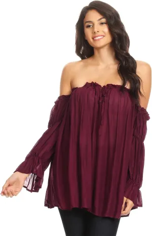 Anna-Kaci Womens Semi Sheer Boho Peasant Long Sleeve Off The Shoulder Top