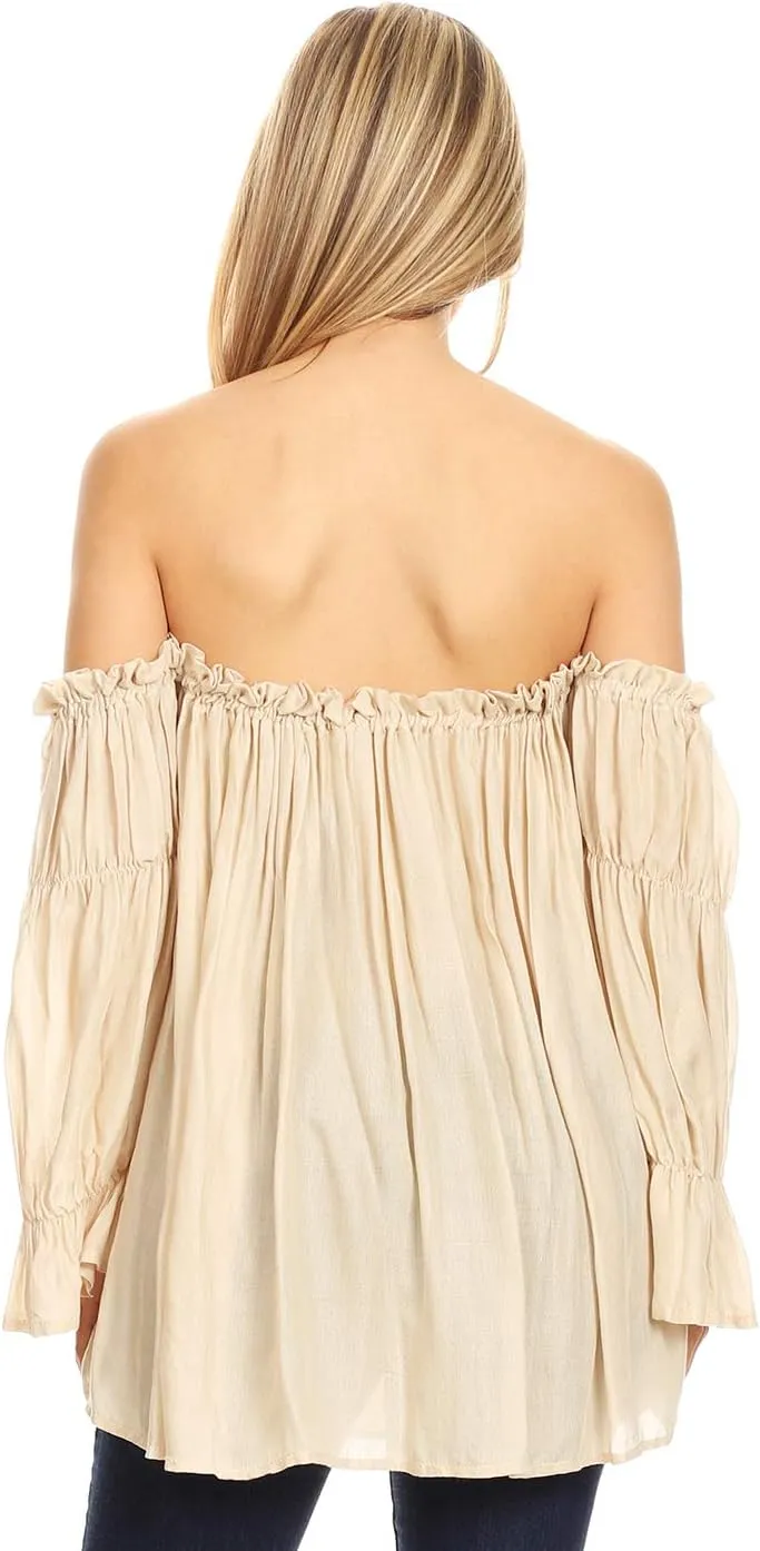 Anna-Kaci Womens Semi Sheer Boho Peasant Long Sleeve Off The Shoulder Top