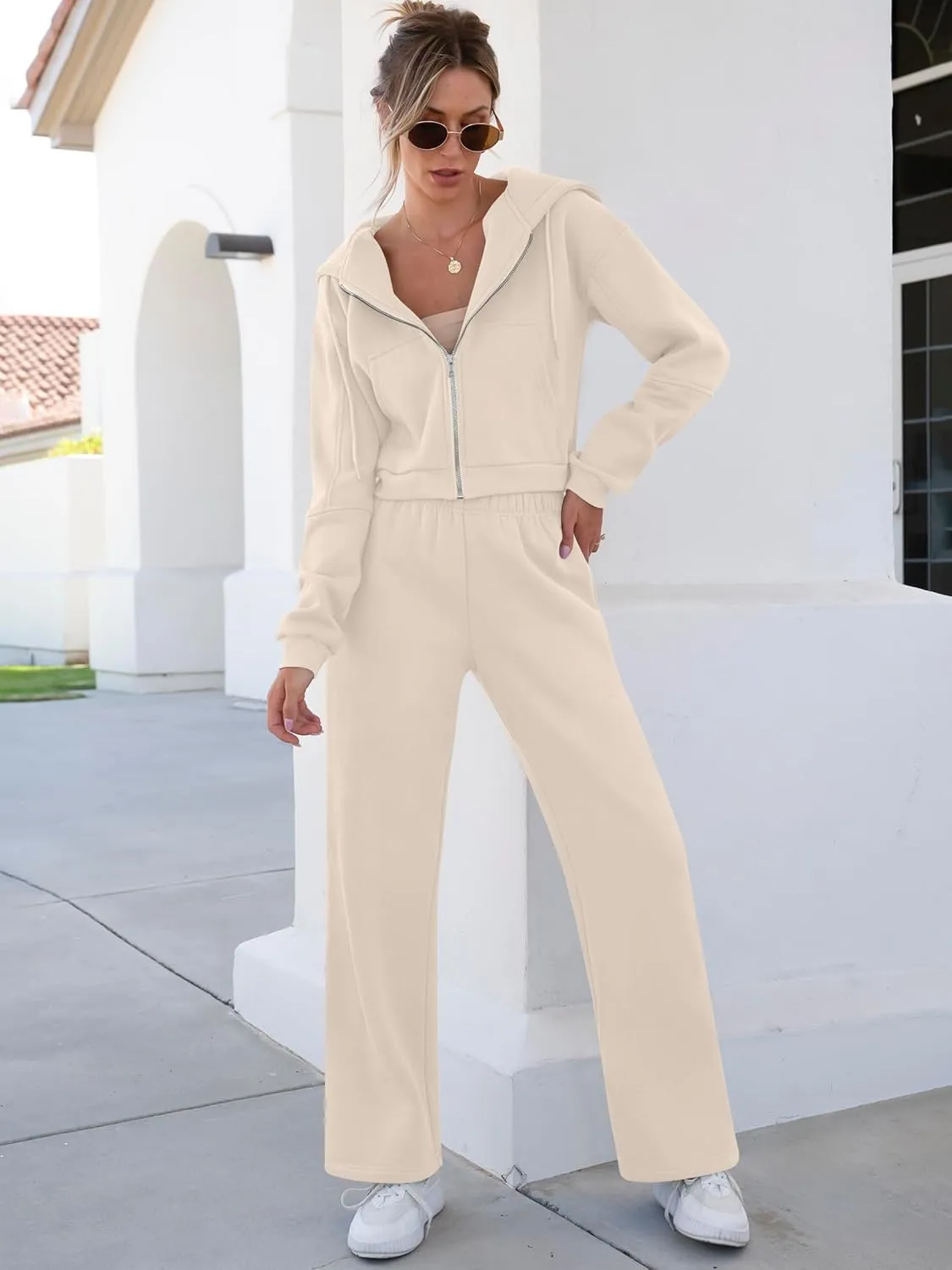 ANRABESS Women 2 Piece Outfits Sweatsuit Zip Up Crop Hoodies SweatPants Lounge Matching Sweat Set 2024 Winter Trendy Clothes