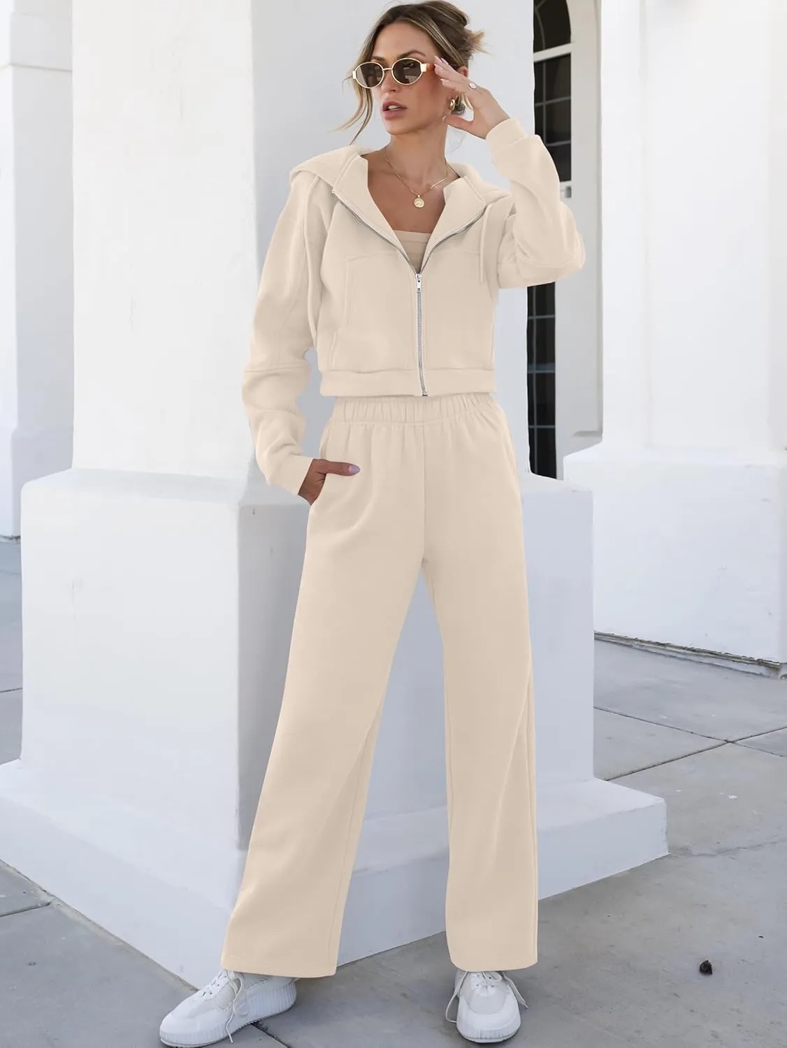 ANRABESS Women 2 Piece Outfits Sweatsuit Zip Up Crop Hoodies SweatPants Lounge Matching Sweat Set 2024 Winter Trendy Clothes