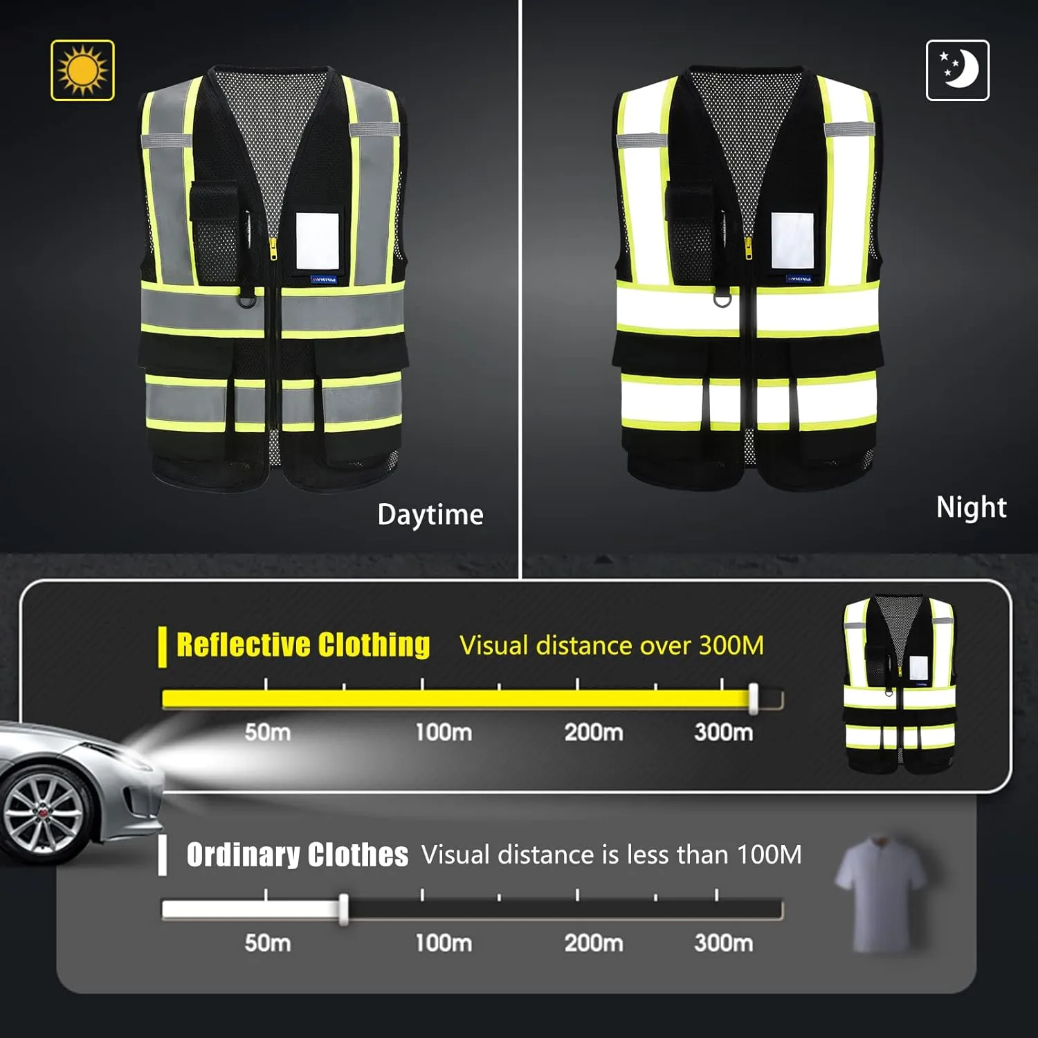 AYKRM 11 color High Vis Reflective Safety Vest for Women Men Security Pocket Zipper