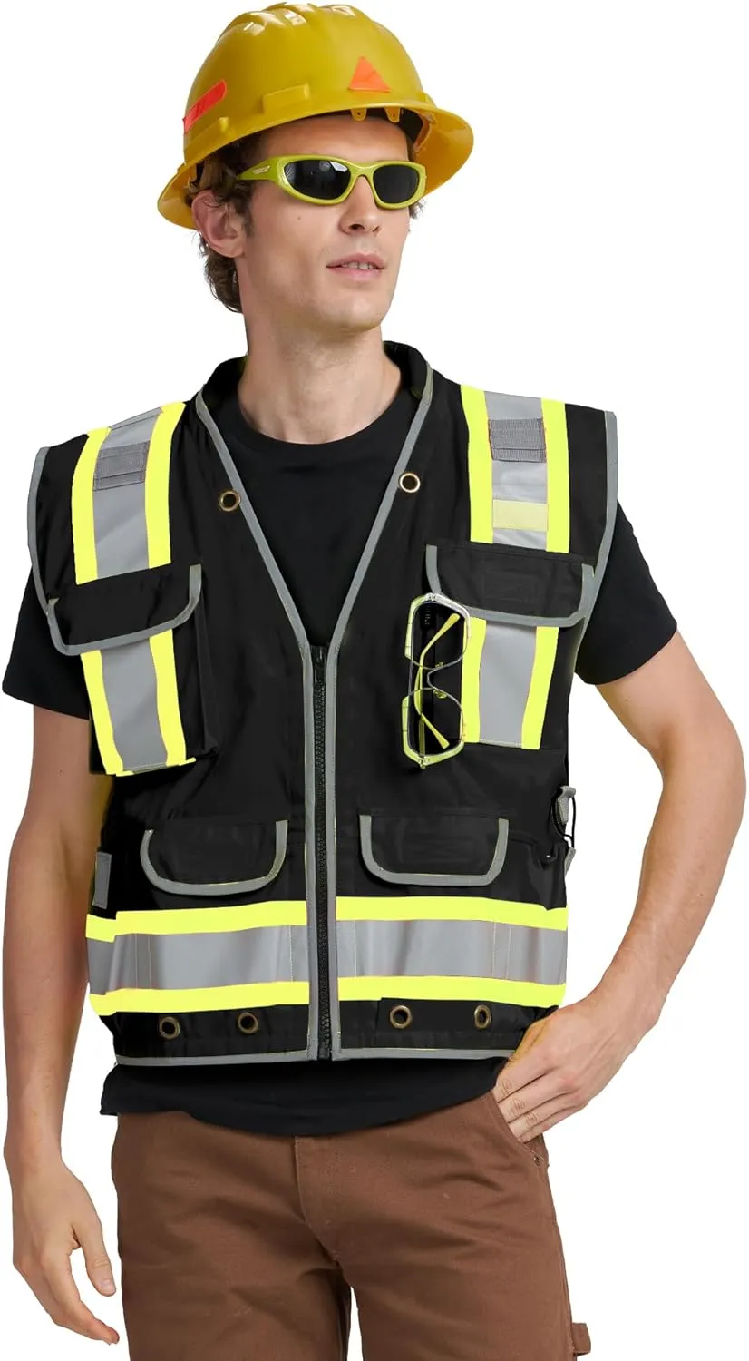 AYKRM Heavy Woven Two Tone Engineer High Vis Reflective work construction safety vest for men Class 2 with Cargo Pockets