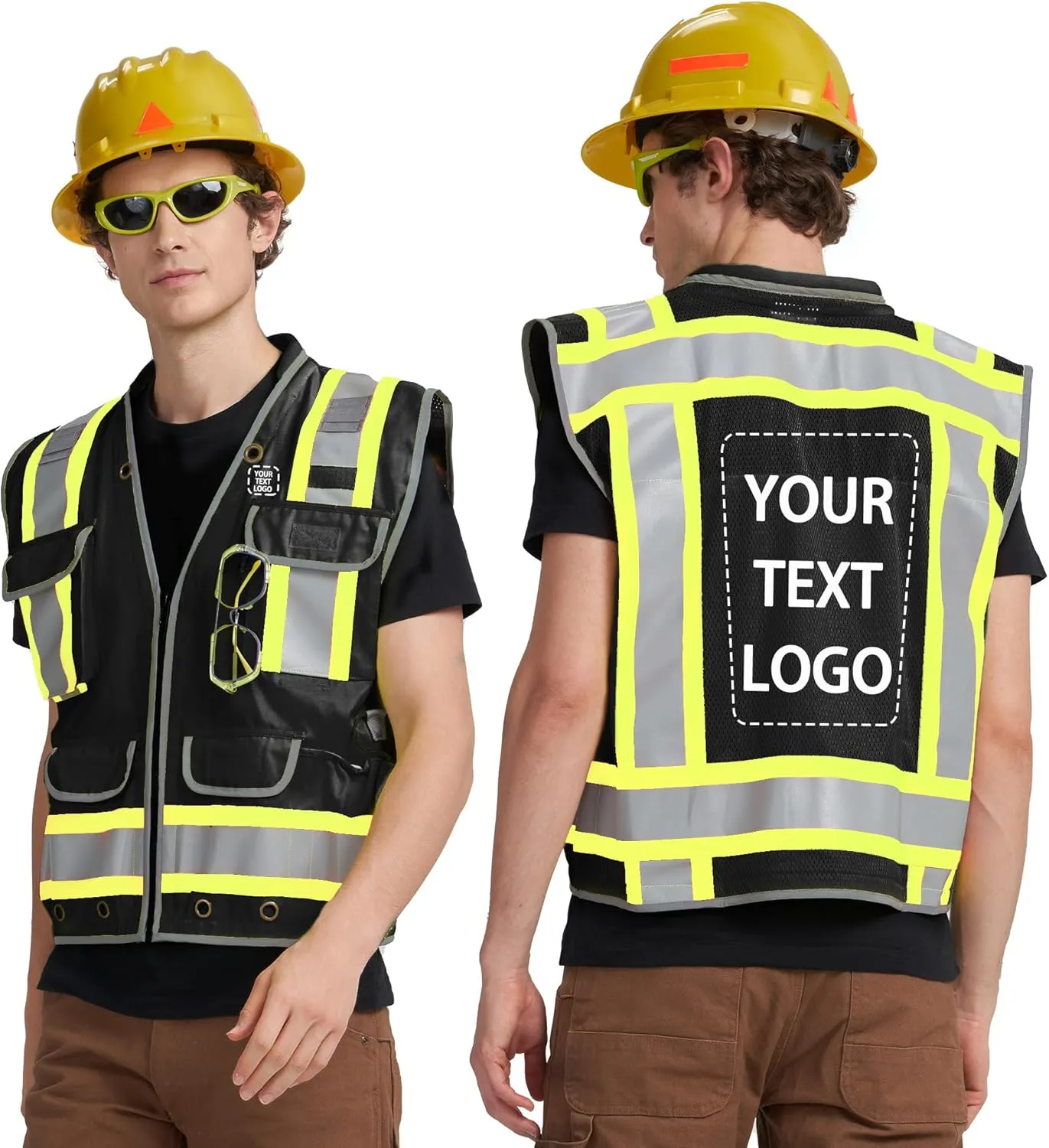 AYKRM Heavy Woven Two Tone Engineer High Vis Reflective work construction safety vest for men Class 2 with Cargo Pockets