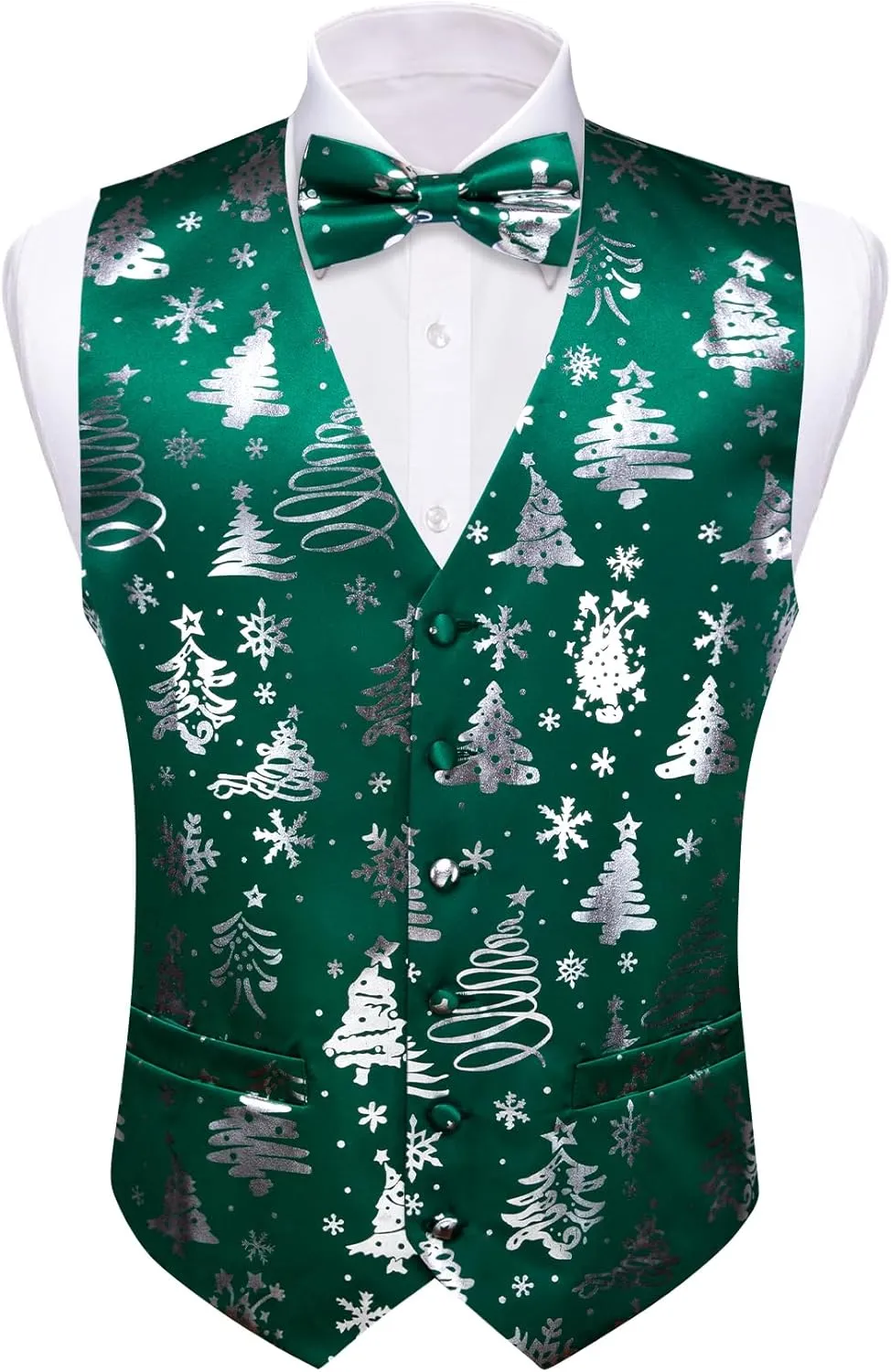 Barry.Wang Mens Christmas Vest Red Green Xmas Tree Snowman Snowflake Festival Suit Waistcoat Bow Tie Set Holiday