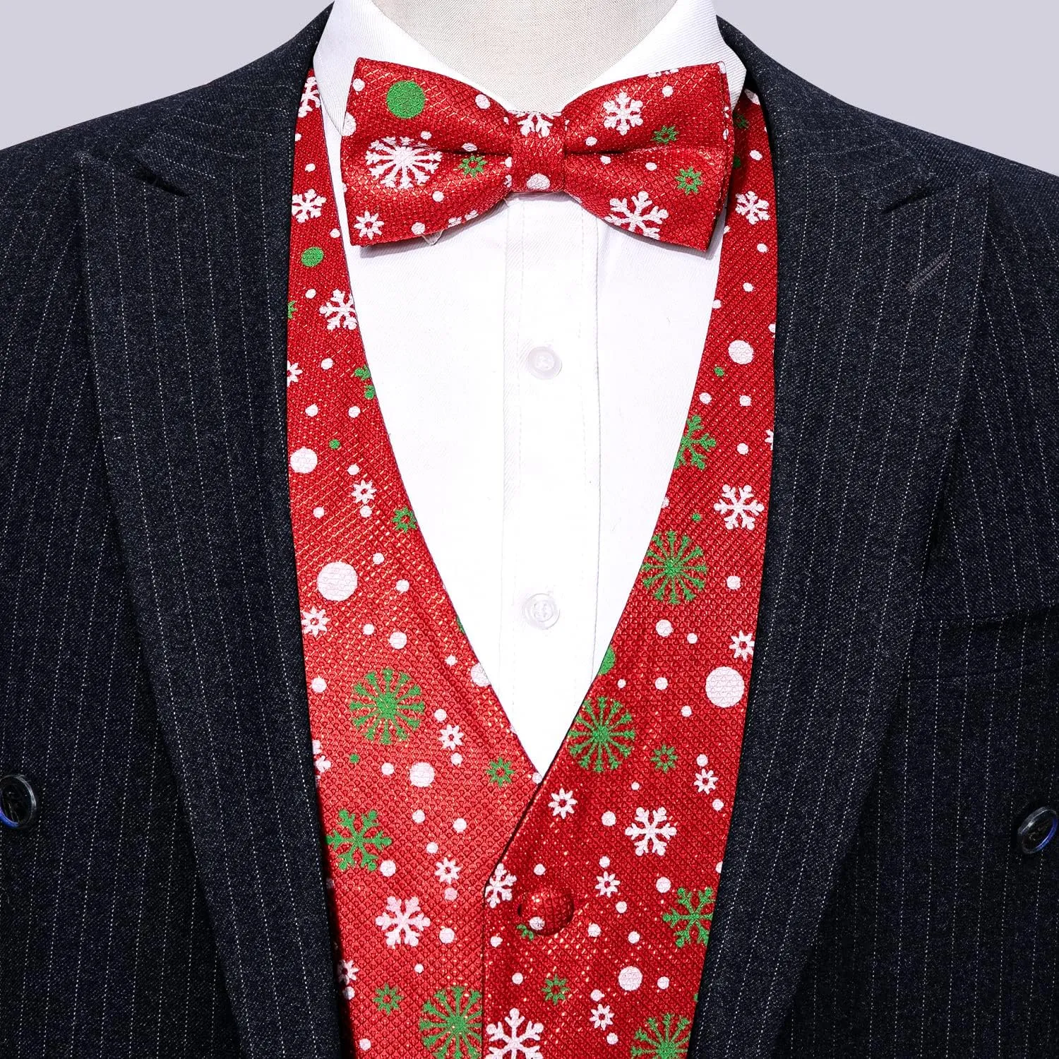 Barry.Wang Mens Christmas Vest Red Green Xmas Tree Snowman Snowflake Festival Suit Waistcoat Bow Tie Set Holiday