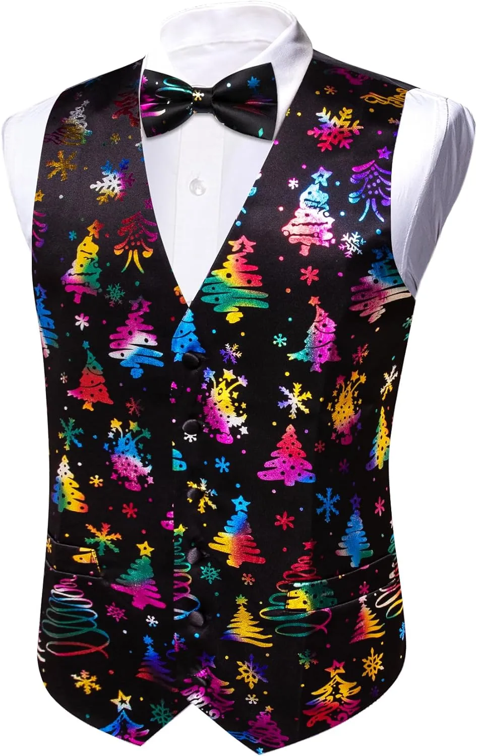 Barry.Wang Mens Christmas Vest Red Green Xmas Tree Snowman Snowflake Festival Suit Waistcoat Bow Tie Set Holiday